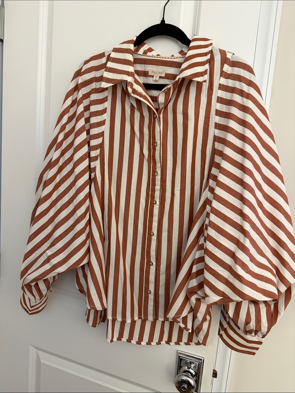 Pilcro Rust and White Striped Button-Down Shirt with Balloon Sleeves